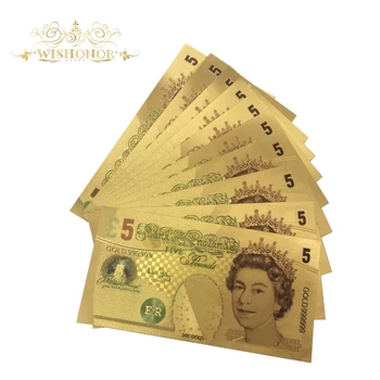 10vnt/siuntos UK Svaras 24k Aukso Banknotų Spalvingi Popieriniai Pinigai 5 Svarų Banknotų Pasaulio Surinkimo Dovanos