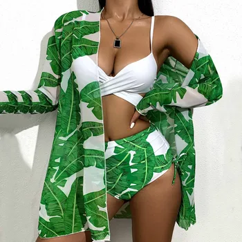 2021 Moterų Sexy Žalioji Plunksna 3pc Bikini Komplektas ilgomis rankovėmis Saulės Strappy Padalinta Biquini maudymosi kostiumėlį, Seksualus Vasarą Brazilijos Bikini