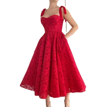 2021 Vintage Mados Raudona Spageti Dirželis Kamuolys Suknelė Sexy Lady Prom Šalis Suknelės Baigimo Arbata-Leagth Skraiste Bridesmaid Vestido
