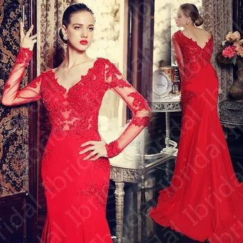 2021 Žavinga Raudona Undinėlės Nėrinių Vakaro Suknelės Ilgomis Rankovėmis V Iškirpte Vestuvių Svečių Chalatai Atgal Valyti Traukinio Appliqued Parduoti