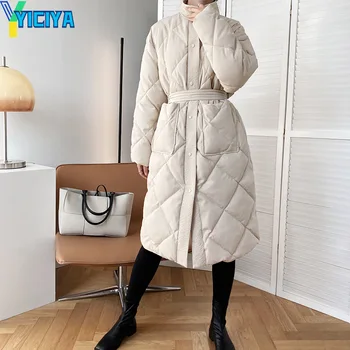 2021 Žiemos korėjos Stiliaus Ilgai Medvilnės-paminkštintas Kailis moteriškos pūkinės Striukės Stand-up Apykaklės Argyle Modelio Negabaritinių Parko Elegantiškos Liemenės