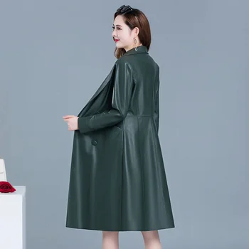 2022 Naujas Streetwear ilgai stiliaus dvigubo breasted Pu odos Tranšėjos paltai moterims temperamentas Švarkelis, odos Outwear