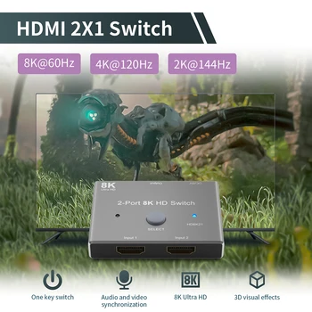 8K HDMI 2.1 Switch Splitter 2 in 1 Out 8K@60Hz 4K@120Hz 48Gbps 2X1 Switcher Adapteris X-Box PS5 PS4 Blue-ray Grotuvas Projektoriai