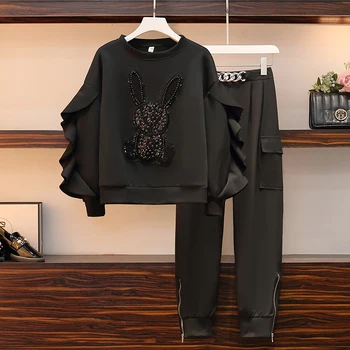 Atsitiktinis sportinis kostiumas moterims plius dydžio, pavasario, rudens naujas mados Zawalcowany siuvinėjimo black top aukštos juosmens haremo kelnės dviejų dalių rinkiniai