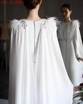 Baltas Chalatas De Mariage Arabų Musulmonų Vestuvių Suknelė 2020 Ilgomis Rankovėmis Kristalų Šifono Nuotakos Suknelė Su Plunksnų Vestidos De Novia