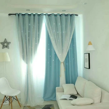 Baltas Tiulis Dvigubo Sluoksnio Modernias Užuolaidas su Perforuotos Šviesą Skleidžiančių Žvaigždžių Langas, Miegamasis ir Gyvenamasis Kambarys 100x200cm
