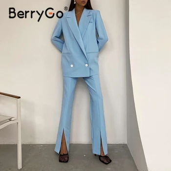 BerryGo Verslo padalinta skara apykaklės rudenį ziajać kostiumas moterims Biuro aukšto juosmens moteriška dviejų dalių rinkiniai Prarasti švarkas mėlynas kostiumas rinkiniai
