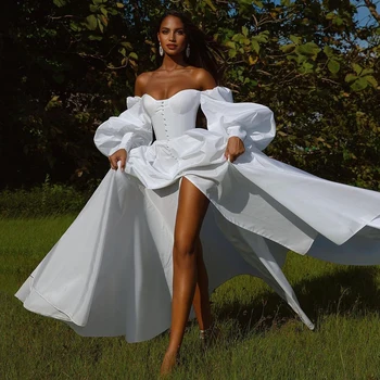 Eightree Balto Vestuvių Suknelės Off Peties Sluoksniuotos Rankovėmis Nuotakos Suknelė 2022-Line Aukštos Padalinta Vestuvių Vakaro Šalis Suknelė Plius Dydis