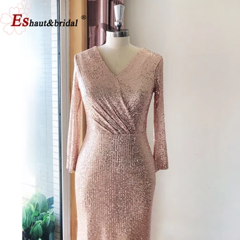 Elegantiška, Undinėlės Prom Dresses Moterų 2021 Blizgučiais V-Kaklo, ilgomis Rankovėmis Rose Gold Oficialią Vestuvių Suknelės, Šaliai