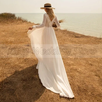 Elegantiškas Šifono ilgomis Rankovėmis Vestuvių Suknelės 2021 Boho V-kaklo Nėrinių Aplikacijos Valymo Traukinio linija, Vestuvinės Suknelės Vestido de Novia