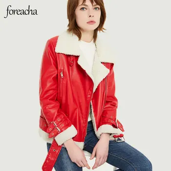 Foreacha rudenį ir žiemą, naujas stilius atlapas su užtrauktuku ilgas rankovėmis Moterų striukė raudona laukinių diržo PU Moterų odinė striukė läderjacka