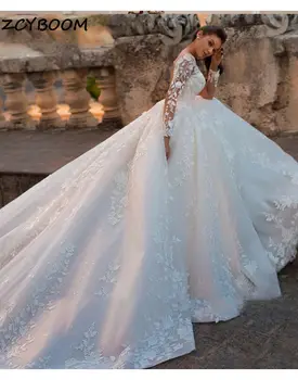 Iliuzija Balta/Dramblio Kaulo Vestuvių Suknelės 2022 Elegantiškas Ilgas Rankoves Appliques Nėriniais Elegantiškos Nuotakos Suknelė Princesė Tiulio Vestuvių Suknelės