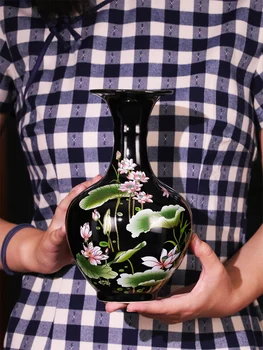 Jingdezhen Ryškiai Glazūra Juodosios Keramikos Vaza Lotus Modelis Modernių Namų Posėdžio Kambario Puošmena