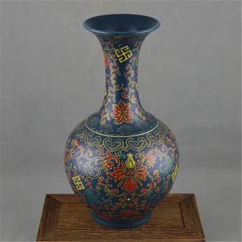 Jingdezhen Senovinė vaza, dekoruota tamsiai mėlyna glazūra, emalio ir gėlių modelio Yongzheng, Čing Dinastija