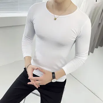 Korėjos Rudens Kietas Long Sleeve T Shirt Vyrams Drabužius 2021 Paprasta Apvali Apykaklė Slim Fit Atsitiktinis Poleras De Hombre, Streetwear