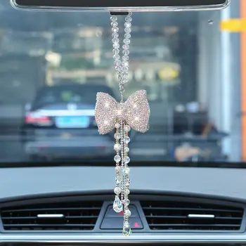 Kūrybos Diamond Bowknot Automobilių Pakabukas Mielas Kristalų Kutai Grandinės Galinio Vaizdo Veidrodis Ornamentu Pearl Kalnų Krištolas, Automobilių Aksesuarai Moterims