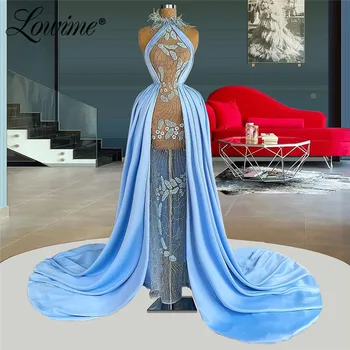 Lowime Mėlyna Iliuzija Ilgas Šalis Suknelės Vestido 2021 Undinė Vakare Gown Arabų Užsakymą Plius Dydis Promenadzie Suknelė Chalatas De Soirée