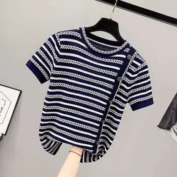 Mados O apykaklė metalo mygtuką megztinis dugno marškinėliai moterų juostele plonas megztinis 2021 m. vasaros Ledo šilko Trumpas rankovės