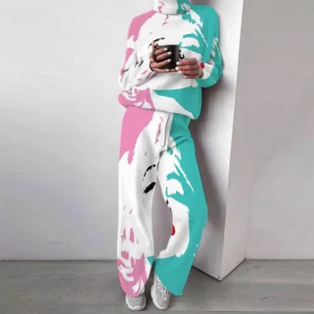 Moteris, Dviejų Dalių Komplektas Homewear Elegantiškas Golfo Šilti Kostiumai Tracksuit Atsitiktinis Ilgomis Rankovėmis Viršūnes Megztinis Ir Išspausdinti Kelnės Komplektai