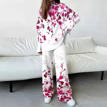 Moteris Tracksuit Nustatyti Plataus Kojų Kelnės Aukštos Elastinga Juosmens Išspausdintas Ponios Tiktų Pavasarį, Rudenį Ilgomis Rankovėmis Golfo Apranga Streetwear
