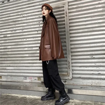 Moterų korėjiečių Pu Odos Anglija Striukės Derliaus Šiltas Moterų Prarasti ilgomis Rankovėmis Sportiniai švarkai (bleizeriai) Mados Streetwear Paltai