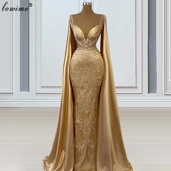 Musulmonų Šampano Prom Dresses Moterų 2021 Arabų Oficialią Vakaro Suknelės Ilgomis Rankovėmis Undinė Vestuvių Suknelės, Šaliai, Vestidos