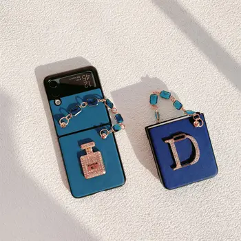 Mėlynos spalvos Odinis dėklas, skirtas Samsung Z Apversti Galaxy Z Flip 3 Moteris Su Apyrankė, Elegantiškas Kvepalų Buteliuko Dizainas Atveju Z Flip 3