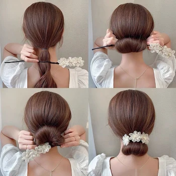 Naujas Moterų Elegantiškas Bud Šifono Gėlės Bun Maruko Šukuosena, Todėl Ilgai Įrankiai Saldus Lankelis Hairbands Mada, Plaukų Aksesuarai