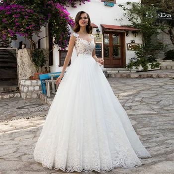 Nėriniai Appliqued Vestuvių Suknelės 2021 Rankovių Iliuzija Atgal Paplūdimio Derliaus Vestuvinės Suknelės vestidos de novia Plius dydis