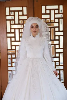 Nėriniai Appliques ilgomis Rankovėmis Musulmonų Vestuvių Suknelės Nuotaka Didelės Iškirptės Maroko Caftan Kamuolys Suknelė Vestuvių Nuotakos Suknelė