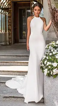 Paprasta Satino Apynasrio Undinė Vestuvių Suknelės 2022 Backless Nuotakos Suknelė Elegantiškas Valyti Vestuvių Suknelė Pagal Užsakymą