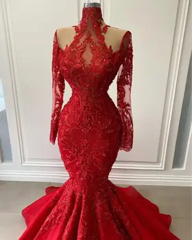 Prabangūs Nėriniai Puošnios Vakarinės Suknelės 2021 Raudona Blizga Ilgomis Rankovėmis Aukštu Kaklu Undinė Prom Chalatai Vestidos