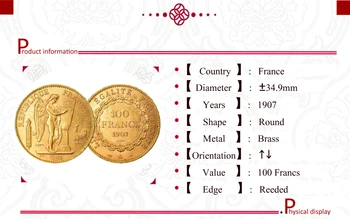 Prancūzijos Trečiosios Respublikos 1907 100 Frankų Aukso Monetos Kopija Žalvario Metalo Liberte Egalite, Minint Monetos Replika