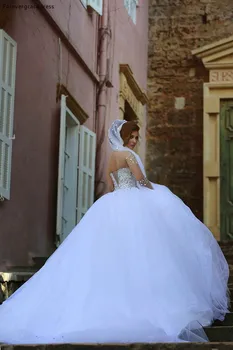 Princesė Dream Pasakų Vestuvių Suknelė Tiulio Kristalų Duobute Ilgomis Rankovėmis Vestuvinės Suknelės