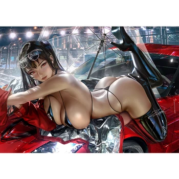 Raudoną Lenktyninį Automobilį Seksuali Mergina, Drobė, Tapyba Custom Print Vaizdo Žaidimas Anime Plakatas Sienos paveiksl, Miegamojo Kambarį Dekoro