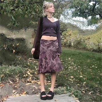 Retro Gėlių Spausdinti Y2K Žemo Liemens Sijonas Moterims 90-ųjų Estetinės Grunge Fairycore Midi Sijonai Vasaros Tinklelio Suknelės 2021 Naujas Мини юбки