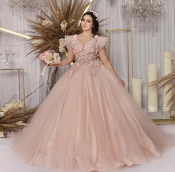 Rožinė Princesė Quinceanera Suknelę 2021 V-Kaklo, Bžūp Rankovėmis Gėlės Blizgančiais Karoliukais Backless Saldus 16 Kamuolys Suknelė Vestidos De 15 Años