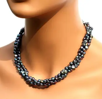 Unikalus Perlų papuošalų Parduotuvė Juodos Spalvos 3 eilėmis Baroko Originali Gėlavandenių Perlų Vėrinį Nemokamai Sidabro Auskarai