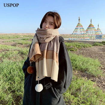 USPOP Moterų šalikas ilgas, žiemą šiltas šalikas dryžuotų spalvų blokavimo pashmina wrap