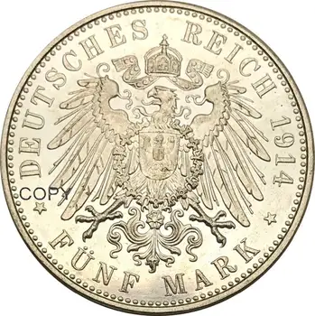 Vokietijos Anhalto Desau 1889 1914 5 Ženklą Friedrich II Sidabro Vestuvių Žalvario, Padengta Sidabro Monetos Kopija