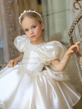 Yipeisha Princesė Gėlių Mergaitės Suknelė Sluoksniuotos Rankovėmis, O Ant Kaklo Dramblio Kaulo Pirmosios Komunijos Suknelė Cute Baby Girl Tutu Sukneles Vaikai Šalis Suknelė