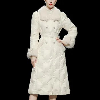 Žiemos naujas mados ponios PU baltos spalvos pūkinė striukė moterims, elegantiškas temperamentas vilnos kailio siūlės siuvinėjimo drugelis ilgai outwear